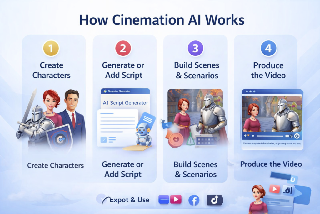 Cinemation AI video creation process showing steps to create cinematic videos with consistent characters
