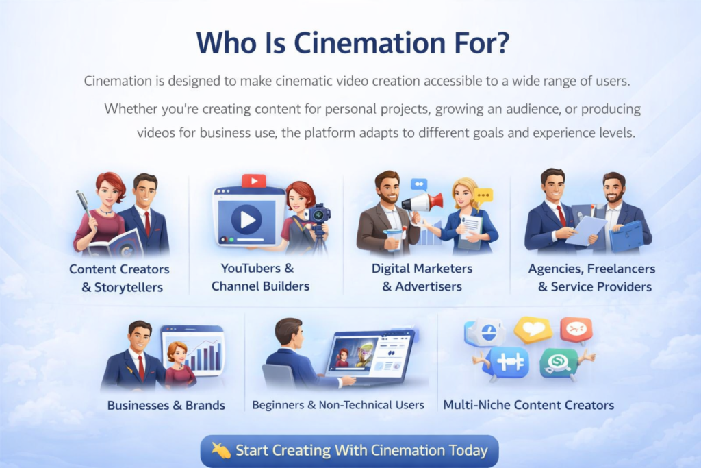 Cinemation AI platform overview showing video creation for content creators, marketers, and businesses