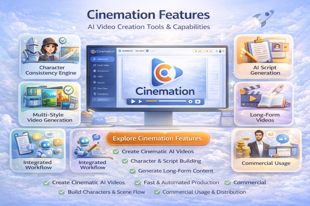 Cinemation features showing AI video creation tools, character consistency, and cinematic storytelling capabilities
