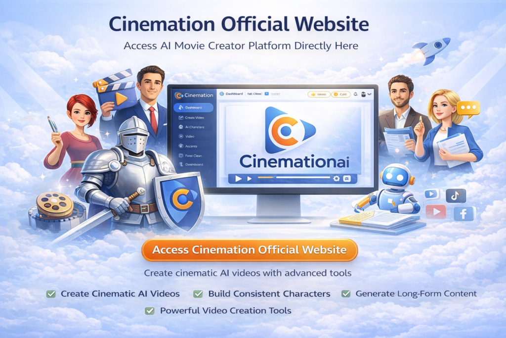 Cinemation official website interface for creating AI cinematic videos with consistent characters