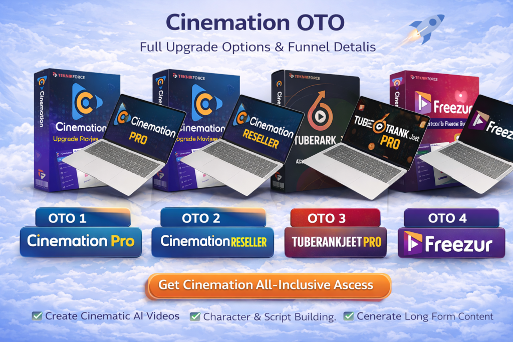 Cinemation OTO upgrades showing Pro, Reseller, TuberankJeet Pro, and Freezur Pro video creation tools